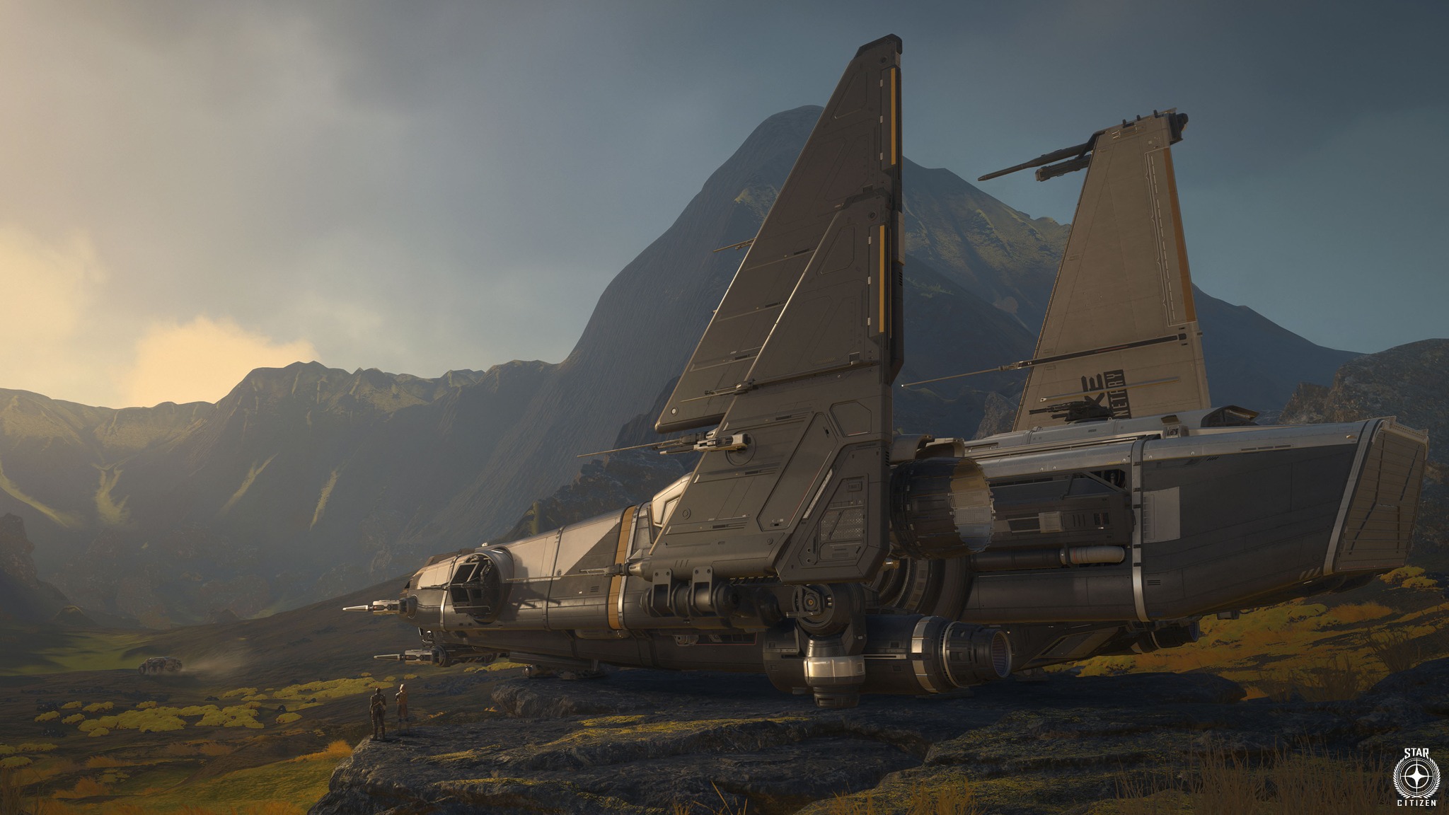 Et Star Citizen-romskip på bakken i et fjellandskap