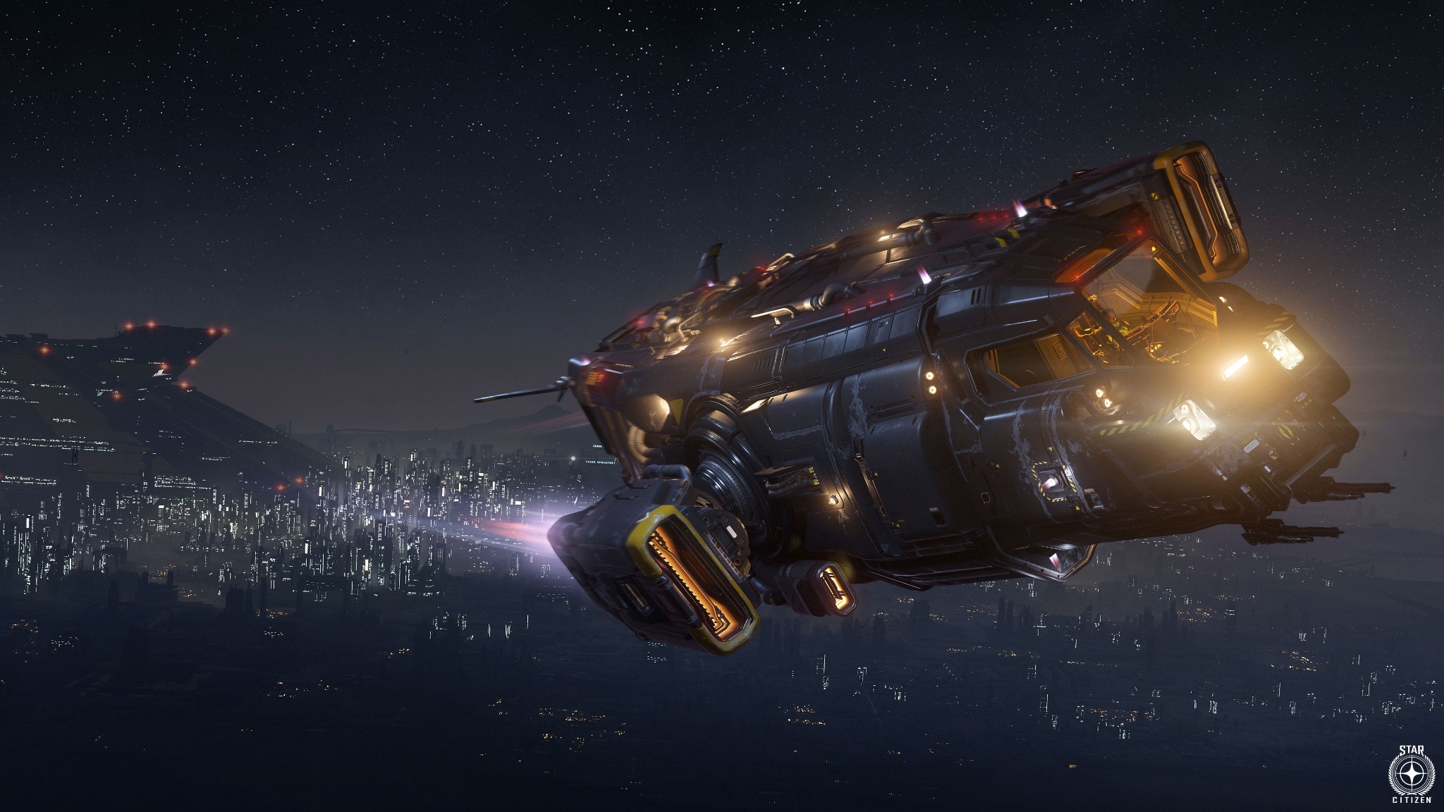Et Star Citizen-romskip over en nattopplyst by