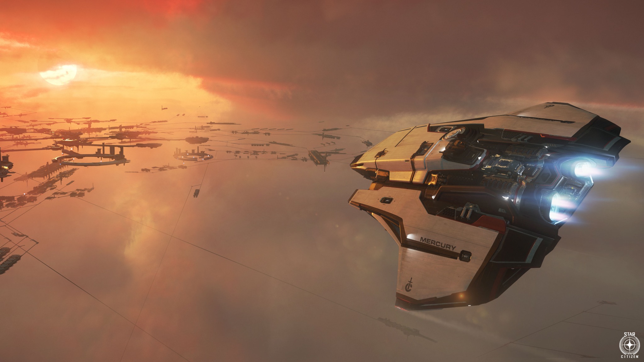Et Star Citizen-romskip foran en større flåte i solnedgang