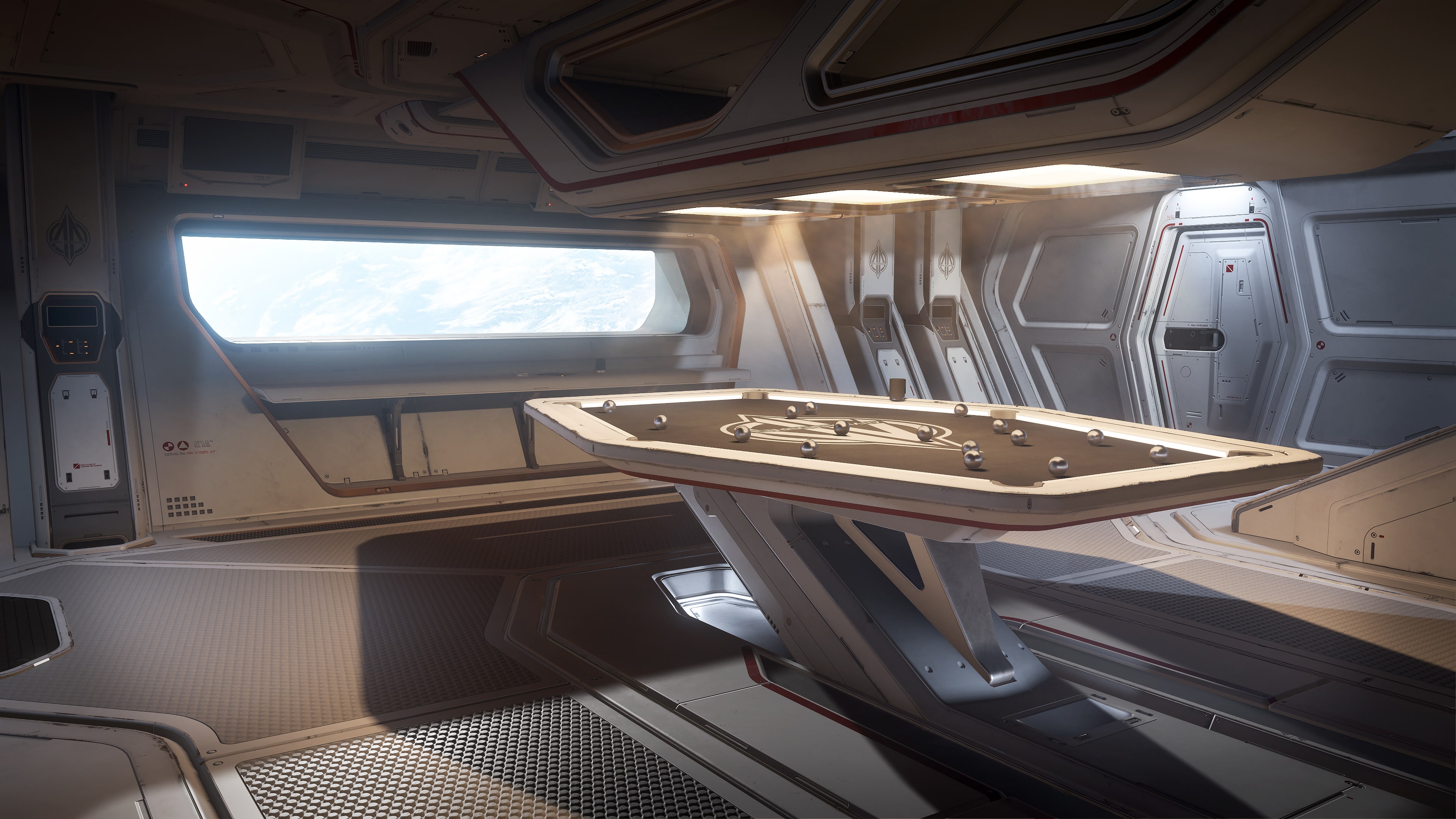 Interiøret i en Anvil Carrack med bord og utsikt gjennom vinduet.